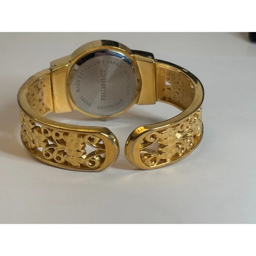 Vintage 90s Cuff Watch Bangle Filigree Floral Mother of Pearl Dial Gold Tone